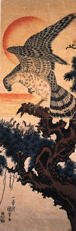 Kuniyoshi Utagawa: Jastrząb (Japońskie przysłowia #9: Nō aru taka wa tsume wo kakusu)
