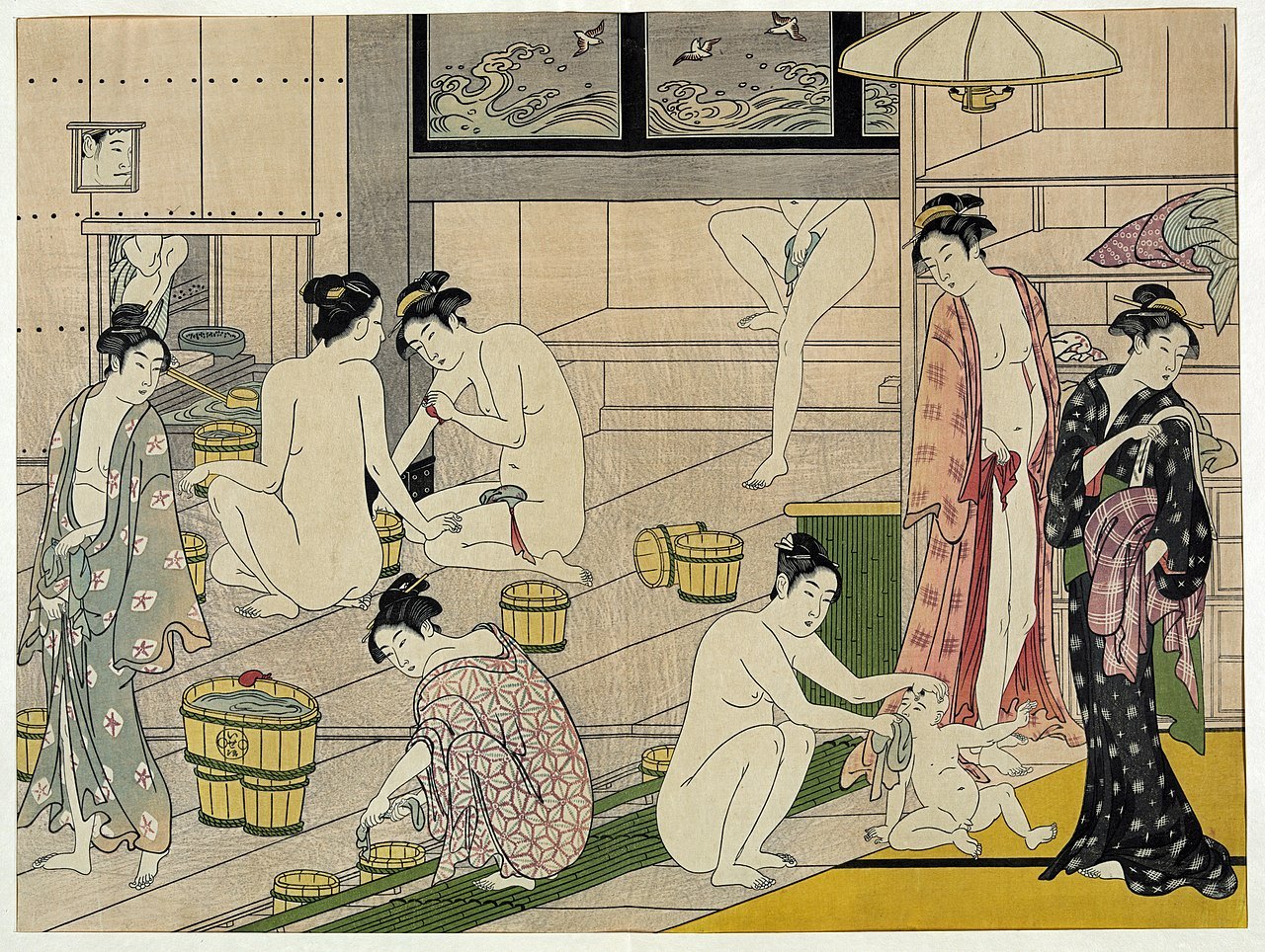 Jak zachowywać się w onsenie (onsen - japońskie gorące źródła) - drzeworyt Torii Kiyonaga: Onna yu